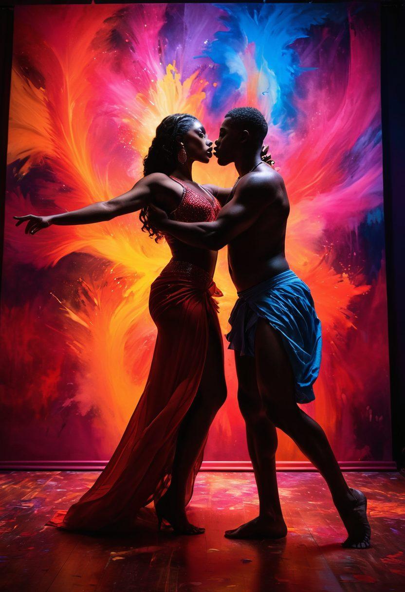 A captivating scene showcasing dark-skinned performers in a vibrant and artistic adult entertainment setting. The performers are engaged in expressive dance, surrounded by colorful, abstract art that symbolizes sensuality and creativity. Soft lighting enhances their features, creating a warm and intimate atmosphere. Include elements like flowing fabrics and dramatic shadows to accentuate movement. super-realistic. vibrant colors. intimate ambiance.