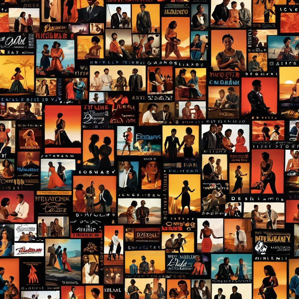 A captivating collage featuring iconic scenes from various adult films, showcasing diverse talents and storytelling within ebony cinema. Include elements that highlight passion and intimacy, with a dreamy glow surrounding the scenes. Use rich, warm colors to evoke desire and connection. Artistic film reel motifs interweave through the design, symbolizing a journey through cinema. cinematic art, vibrant colors, modern aesthetic.