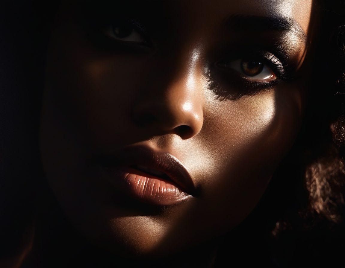 A captivating contrast of deep ebony tones with a spotlight illuminating sensual curves and artistic expressions. Dramatic shadows play across the canvas, evoking passion and allure, while subtle hints of abstract film reels intertwine with elegant silhouettes. A wispy haze of warm lighting adds an air of intimacy and elegance, underlining the artistic journey into the world of black adult films. super-realistic. vibrant colors. dramatic lighting.